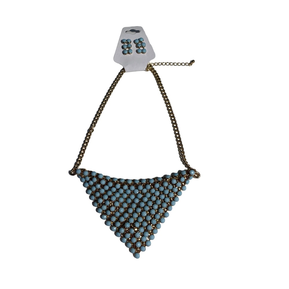 Bib Necklace Earrings Set Women Blue Gold Tone Beaded Statement